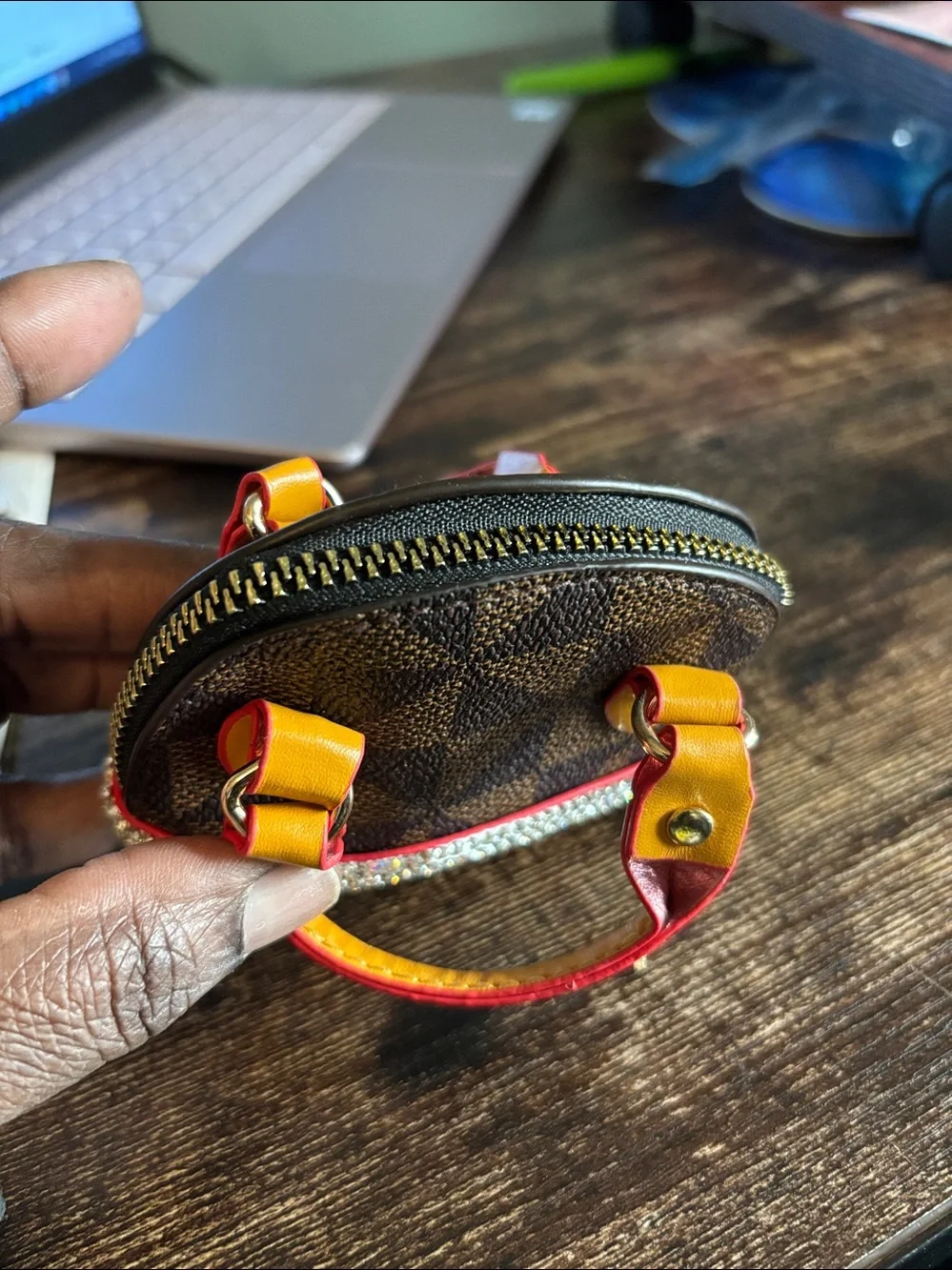 Designer Inspired Mini Top-Handle‎ Keychain Bag Charm in Brown and Yellow